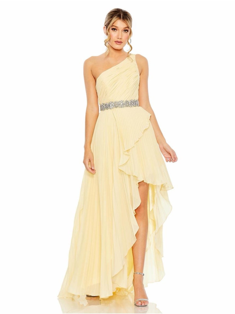 Mac Duggal Pale Lemon One-Shoulder High-Low Gown with Jeweled Waist
